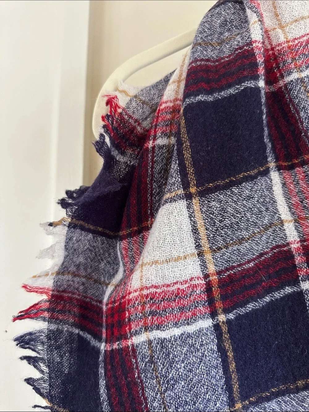 Madewell Plaid wool  Fringe Scarf in Navy, Red, Cream